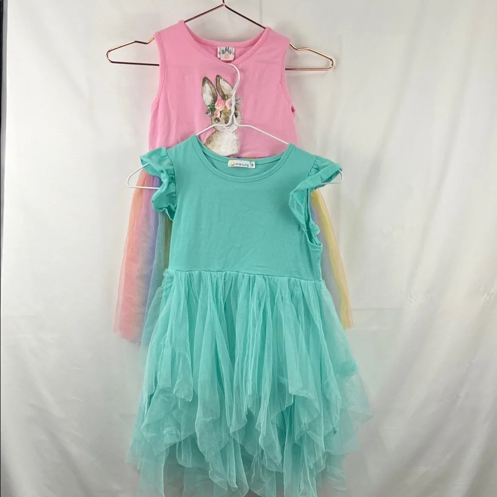 Girl’s Tutu Dress - 2 Pack - Pink Rainbow Bunny - Mint Green - Size 8